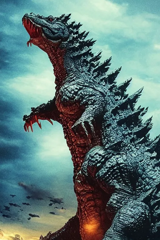 Image similar to Godzilla, kaiju, sea creature, crocodile, sharp teeth, scary look, angry