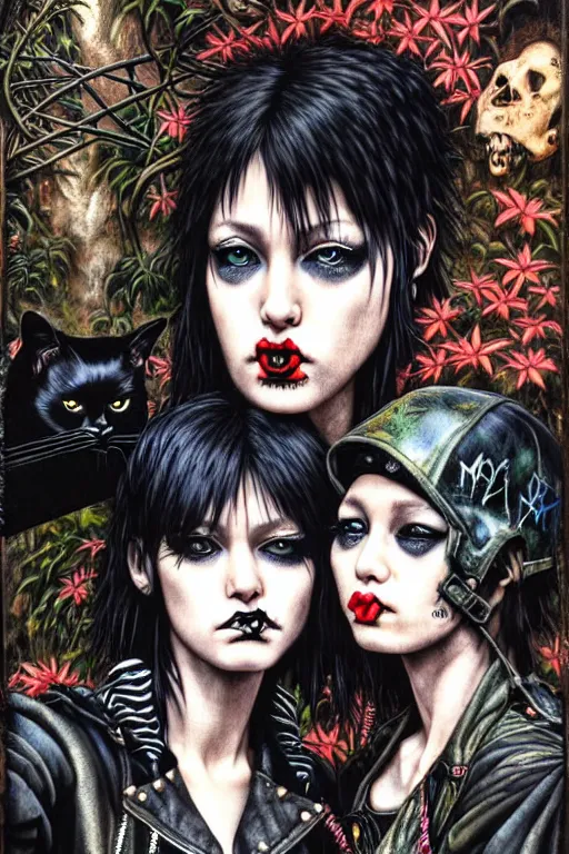 Image similar to punk rock girls kissing and making selfie with black cats in jungle , 1980 style by by Ayami Kojima, mad max jacket, post apocalyptic, Cyberpunk, renaissance, Gothic, mystic, highly detailed, digital painting, 4k, fog, oil painting by Leonardo Da Vinci, hyper realistic style, fantasy by Olga Fedorova