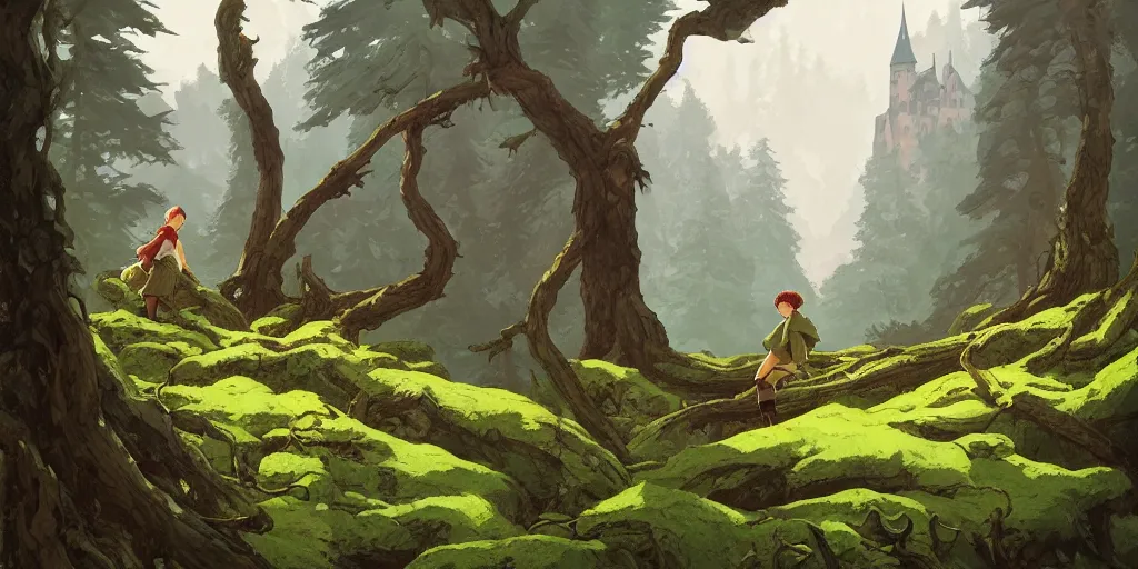 Image similar to a forest in transylvania, rocks, dead trees, castle in the background, moss, in the style of studio ghibli, j. c. leyendecker, greg rutkowski, artgerm