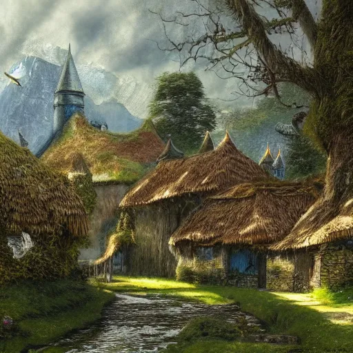 Image similar to a small serene fantasy village on the edge of the woods, by alan lee, lord of the rings, smooth, detailed terrain, oil painting, matte painting, concept art, trending on artstation