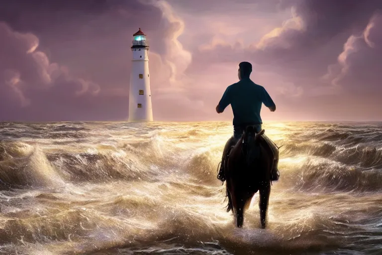 Image similar to photo of man riding a horse along the beach, glowing underwater waves toward a lighthouse in the distance guiding his way, silhouette, wide horizon, large white clouds, night, intricate, elegant, highly detailed, digital painting, artstation, concept art, smooth, sharp focus, illustration, art by artgerm and greg rutkowski and fra angelico