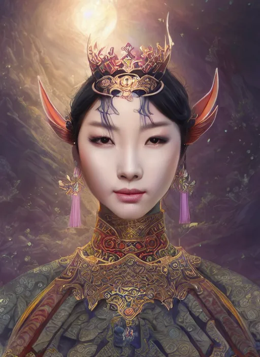 Image similar to chinese mythology, a beautiful chinese queen by huang guangjian, artgerm, ross tran, fenghua zhong, perfect body - shape, full - length portrait, symmetrical face, celestial being, fantasy elf armor, hyperreality, artstation, final fantasy, symmetrical, elite, luxury, morandi color scheme