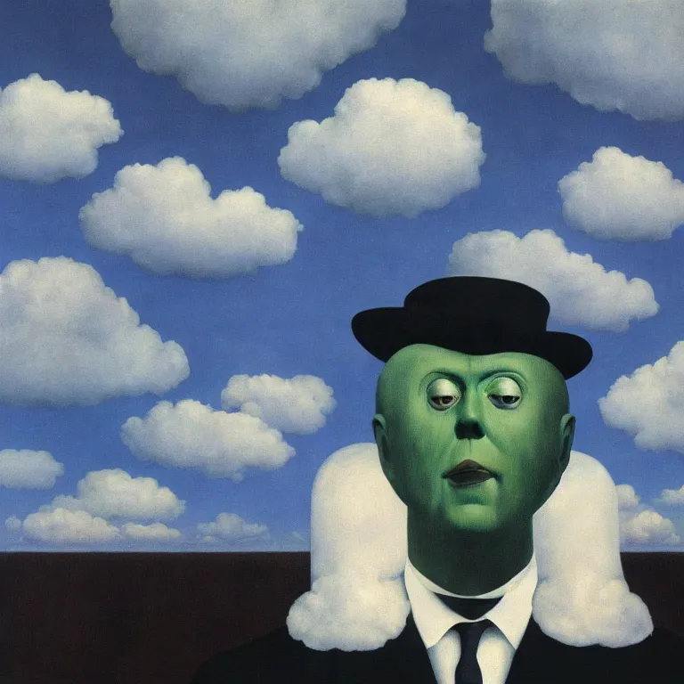 Image similar to portrait of a scary creepy ghost, clouds in the background, by rene magritte, detailed painting, distance, middle centered, hd, hq, high resolution, high detail, 4 k, 8 k