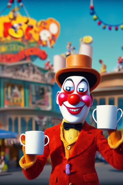 Image similar to portrait of a clown holding a cup of coffee with the circus in background, full body. pixar disney 4 k 3 d render funny animation movie oscar winning trending on artstation and behance