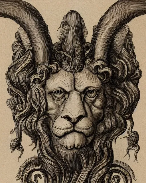 Image similar to a creature with four faces in one, human eyes, eagle beak, lion mane, two horns on the head, drawn by da vinci