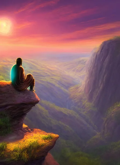 Prompt: an shaman sitting at the top of a cliff, looking down at the valley, doing a vision quest, beautiful sunset, matte painting