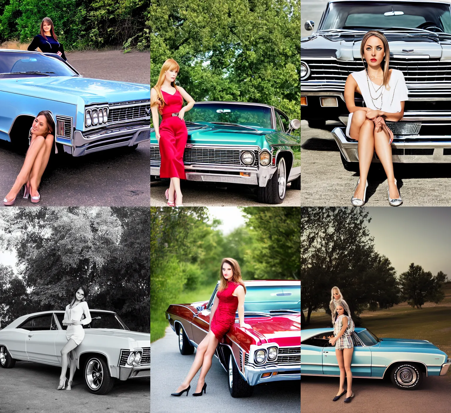 Prompt: Professional photography, a beautiful woman with a 1967 Chevy impala