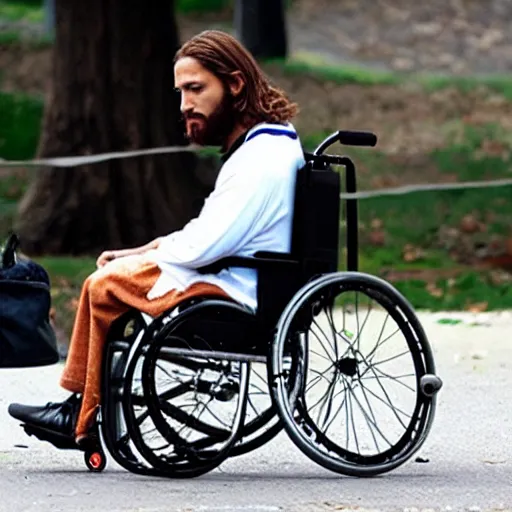 Image similar to jesus christ smoking a blunt, sitting in a wheelchair