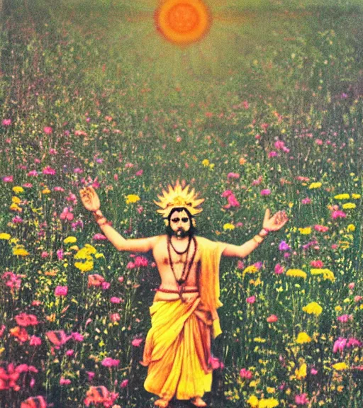 Image similar to mystical hindu god kaali standing in tall meadow of flowers, distant, ww1 film photo, grainy, high detail, high resolution