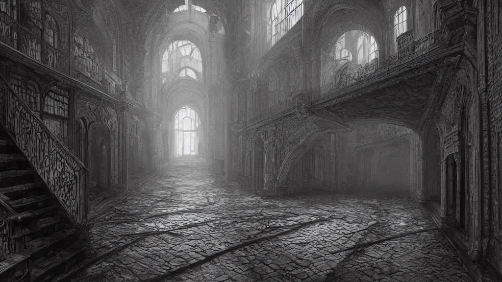 Prompt: a beautiful hyper realistic detailed matte painting of a a confusing place where the perspective is a broken concept and all the corridor and stairs will lead you to the same destination, dramatic lighting, dynamic lighting, cinematic lighting, dynamic lighting, cinematic lighting, lit by morning light, by maurits cornelis escher, black and white, featured on artstation, ultrawide angle