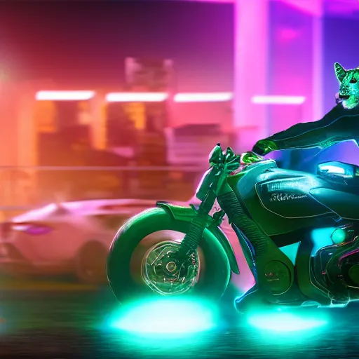 Image similar to portrait of a neon cyberpunk jaguar animal riding a motorcycle, octane render