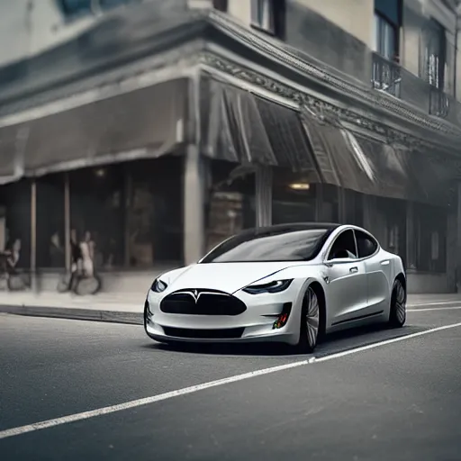 Image similar to tesla car with cubic weels, street photograph, 70 mm, octane render 8K ultra HD