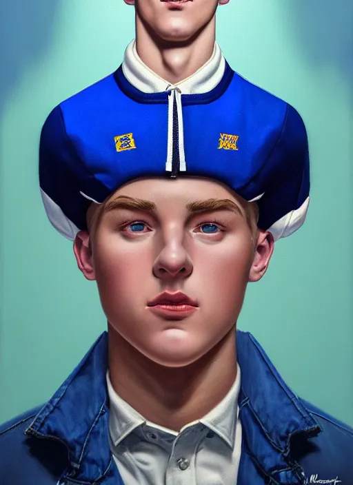 Image similar to portrait of a high school senior boy named moose mason, blonde short hair, jock, beefy, square jaw, square facial structure, 1 9 5 0 s, blue varsity jacket, intricate, elegant, glowing lights, highly detailed, digital painting, artstation, concept art, smooth, sharp focus, illustration, art by wlop, mars ravelo and greg rutkowski