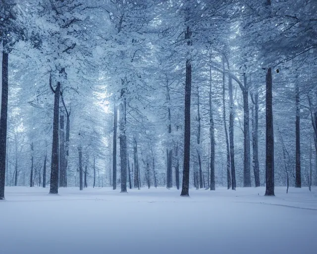 Image similar to a forest filled with lots of snow covered trees at dark blue night, a matte painting by konstantinas ciurlionis, featured on unsplash, tonalism, photo taken with ektachrome, high dynamic range, photo taken with provia