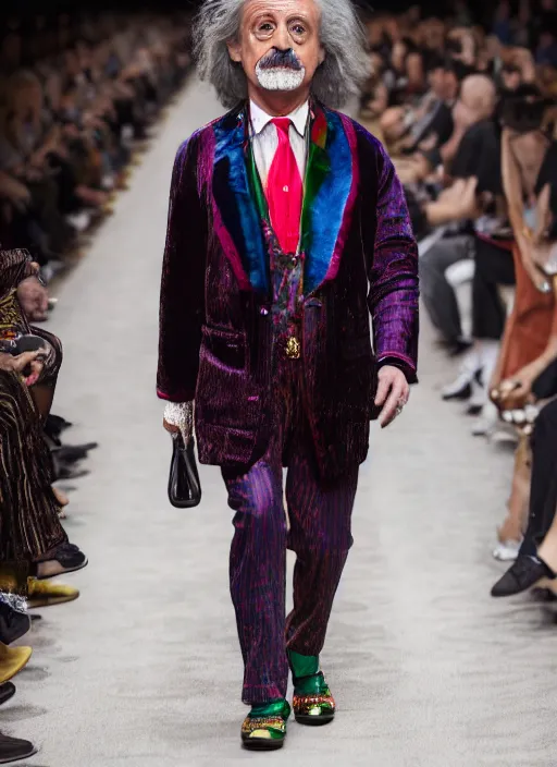 Image similar to hyperrealistic and heavy detailed gucci runway show of albert einstein, leica sl 2 5 0 mm, vivid color, high quality, high textured, real life