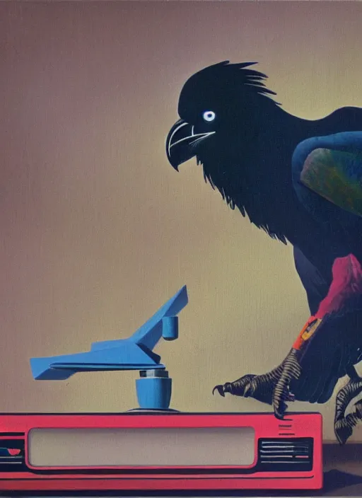 Image similar to a raven digging through 8 0 s era technology, vintage shapes, retro technology, happy color, wayne barlow, oil on canvas, deep depth of field, masterpiece, cinematic composition, hyperdetailed