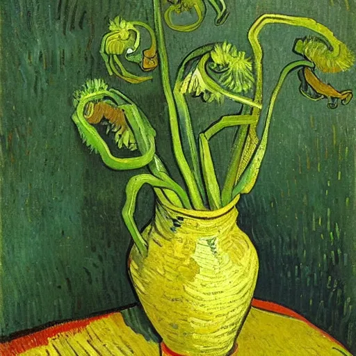 Image similar to Fiddleheads, painted by Vincent Van Gogh (1890), oil on canvas, detailed brushstrokes