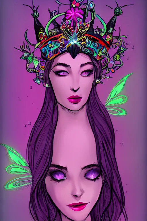 Image similar to vivid colors, bio-luminescent beautiful mysterious 1960s fairy queen, wearing a crown, in deep black darkness, shining eyes, face by otto schmidt