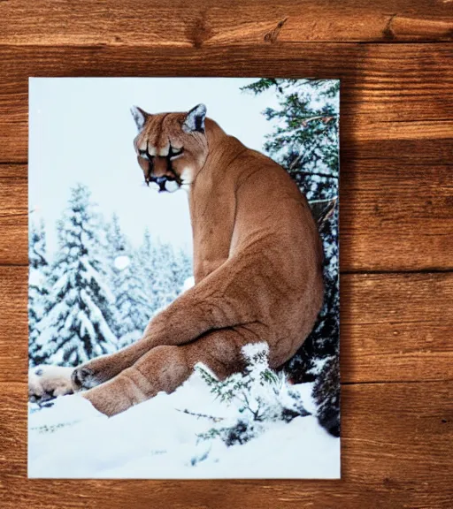 Image similar to postcard showing 'a cougar sleeping in the middle of snowy pine tree' laying on coffee table and ripped up, zoomed out shot, HD, iphone capture