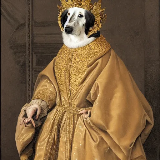 Image similar to a detailed portrait of a dog in kings robes and wearing a crown