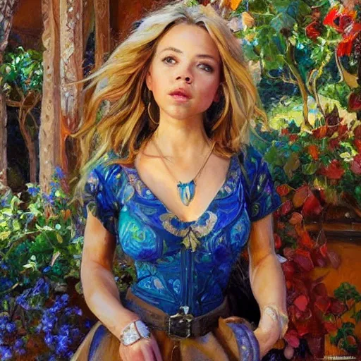 Image similar to sydney sweeney with wooden jewelry, mediterranean features, fantasy character portrait by Michael Garmash, Donato Giancola