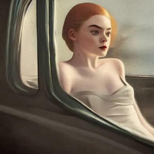 Image similar to Elle Fanning sleeping in the backseat of a 50s car in the world of Edward Hopper, stormy weather, extremely detailed masterpiece, oil on canvas, low-key neon lighting, artstation, Blade Runner 2049, Roger Deakin’s cinematography, by J. C. Leyendecker and Peter Paul Rubens,