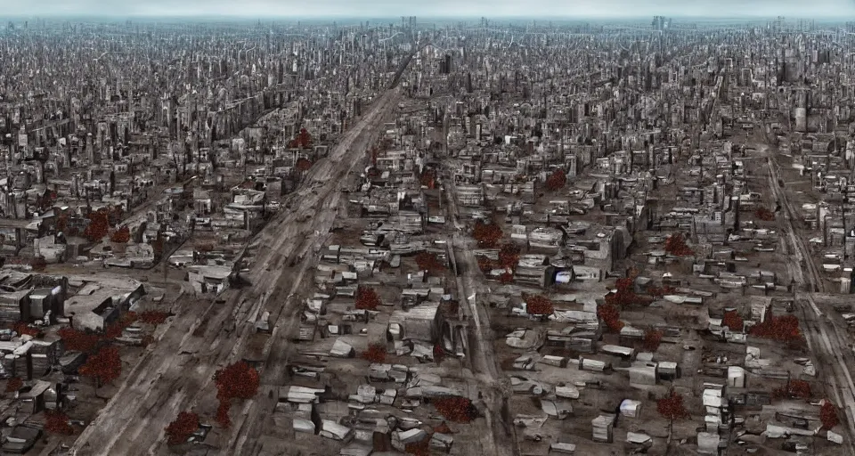 Prompt: aerial view of dilapidated zombie - apocalypse new york city in real life, desolate with zombies, dilapidated, empty streets, nightmarish, some rusted style parked vehicles, sunny weather, few clouds, volumetric lighting, photorealistic, daytime, autumn, sharp focus, ultra detailed, cgsociety