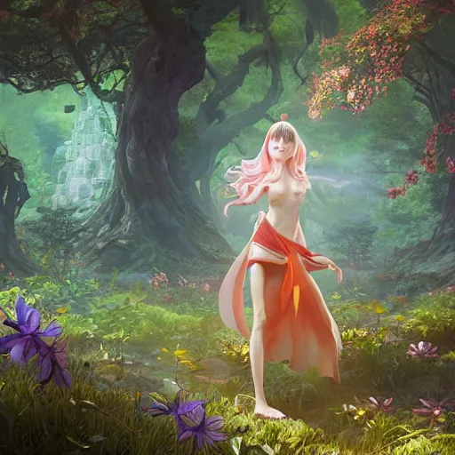 Image similar to breathtaking portrait of fantasy sorceress bright temple surrounded by lush forest meadow, by Hsiao-Ron Cheng and James jean and Miho Hirano and Hayao Miyazaki, octane render, RPG portrait, ambient light, dynamic lighting