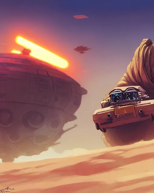 Image similar to an ewok driving a landspeeder on tatooine, detailed, cell shaded, 4 k, warm colours, concept art, by wlop, ilya kuvshinov, artgerm, krenz cushart, greg rutkowski, pixiv. cinematic dramatic atmosphere, sharp focus, volumetric lighting, cinematic lighting, studio quality