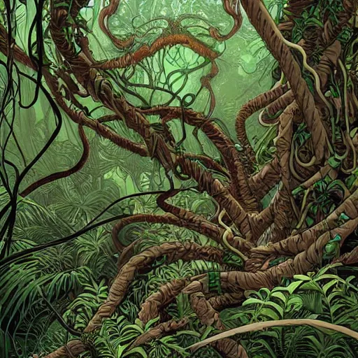 Image similar to EXTREMELY DETAILED TWISTED DENSE vegetation stunning jungle beautifully-rendered verdant green ENT NYMPH twisting winding knotted tangled vines and trees by moebius by James Jean, by Mike Mignola comic graphic novel style action illustration COMPLICATED INTRICATE BUSY, gritty textured, trending on artstation