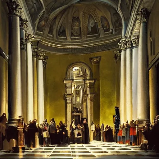 Image similar to a priest baptizing a cyborg in a vatican church wide - angle. holy light. painting.