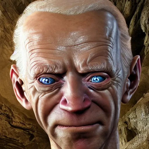 Prompt: hyperrealistic mixed media high resolution image of (Joe Biden) Gollum from Lord of the Rings in a dark cave, stunning 3d render inspired art by Jamie Salmon and István Sándorfi and Unreal Engine and Greg Rutkowski, perfect facial symmetry, realistic flesh, dim volumetric lighting, 8k octane beautifully detailed render, full body shot, post-processing, extremely hyper-detailed, intricate, epic composition, highly detailed attributes, highly detailed atmosphere, cinematic lighting, masterpiece, trending on artstation, very very detailed, masterpiece, stunning, flawless completion, lifelike texture, perfection,