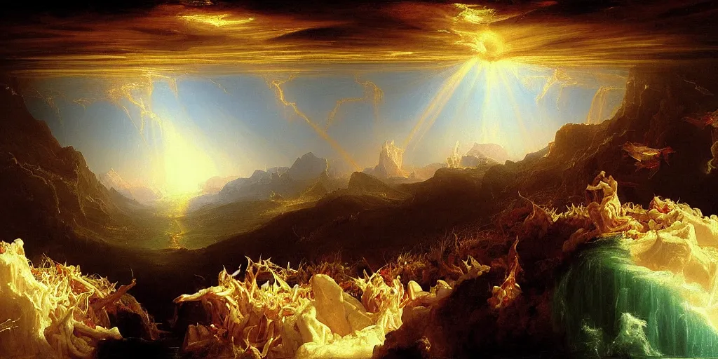 Image similar to heaven and hell painted by thomas cole