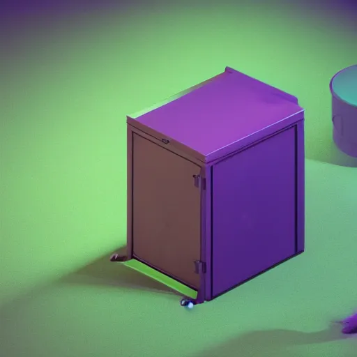 Image similar to isometric minimalistic backroom with pepe the frog and trashcans, cinema 4 d, 1 0 0 0 mm, purple and green scheme depth of field, octane render, studio lighting