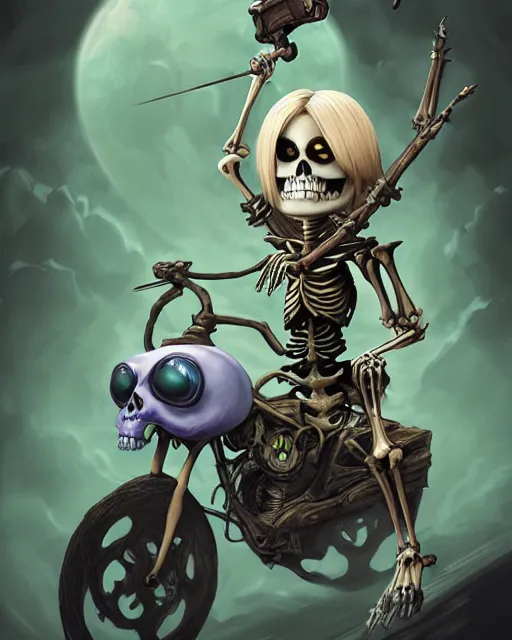 Prompt: An epic fantasy comic book style portrait painting of a skeleton killer, very expressive, riding a chopper, with a girl with light blue piercing eyes, round face, glasses, blonde medium hair, wearing a green shirt and comfy pants, sitting behind the skeleton, character design by Mark Ryden and Pixar and Hayao Miyazaki, unreal 5, DAZ, hyperrealistic, octane render, cosplay, RPG portrait, dynamic lighting, intricate detail, summer vibrancy, cinematic