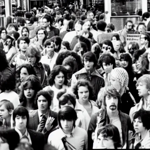 Prompt: People in a crowded mall, circa 1980