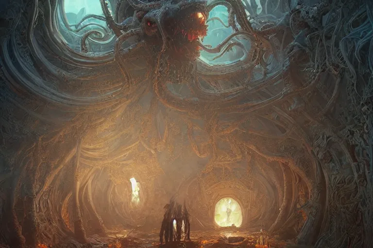 Image similar to a lovecraftian painting of a demonic portal, cosmic horror elements, ultra realistic, concept art, intricate details, eerie, highly detailed, photorealistic, octane render, 8 k, unreal engine. art by artgerm and greg rutkowski and alphonse mucha