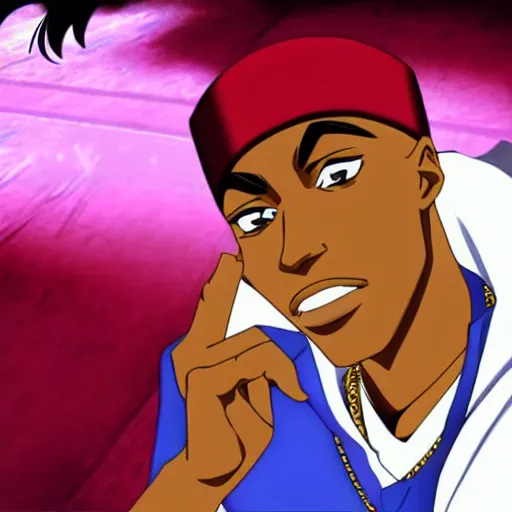 Image similar to Tupac Shakur, screenshot from a 2012s anime