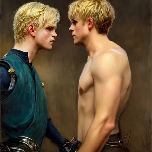 Image similar to attractive male, arthur pendragon who has blond hair confesses his love to attractive male, merlin who has dark hair. highly detailed painting by gaston bussiere, craig mullins, j. c. leyendecker 8 k