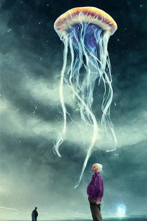 Image similar to the look of an elderly person full of wrinkles and imperfections comes out of a tornado jellyfish by artgem and greg rutkowski, highly detailed, high contrast, light reflection, trippy, nebula, trending on artstation