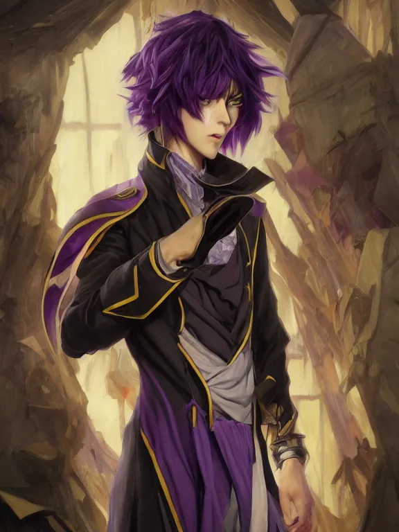 Image similar to manly eccentric lelouch lamperouge, purple eyes, hyper detailed, digital art, trending in artstation, cinematic lighting, studio quality, smooth render, unreal engine 5 rendered, octane rendered, concept art, smooth, sharp focus, illustration, art by artgerm and greg rutkowski and alphonse mucha and ian sprigger and wlop