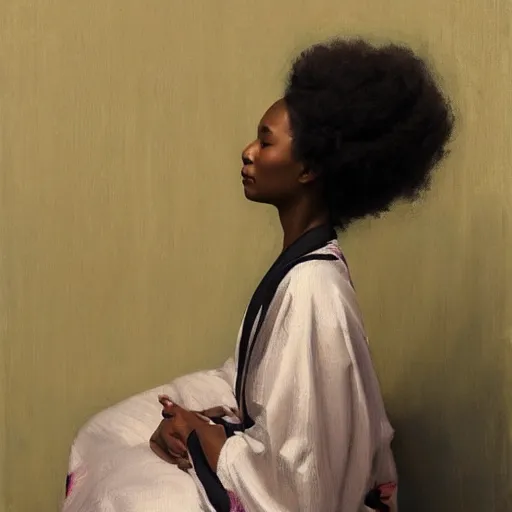 Image similar to girl with afro and angel wings, in kimono, backview, sitting on edge of bed, by jeremy lipking, tim rees, joseph todorovitch