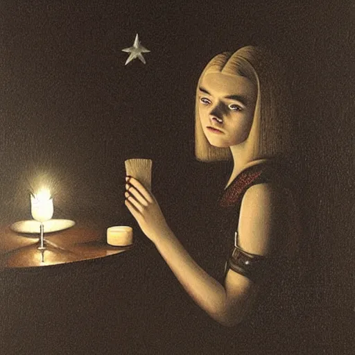 Image similar to a striking esoteric painting of Elle Fanning at a seance, dark, metal, black background, occult, by Grant Wood