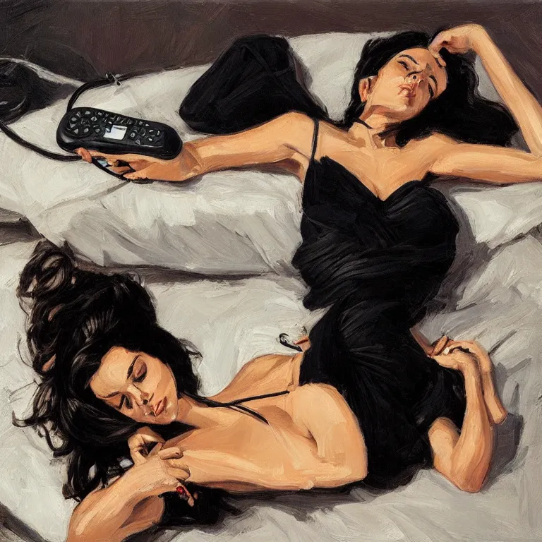 Image similar to Ground Level Shot, long shot of a beautiful dark haired woman wearing a black dress, laying on her back on a bed, holding old telephone hand peice with twisted cable by fabian perez