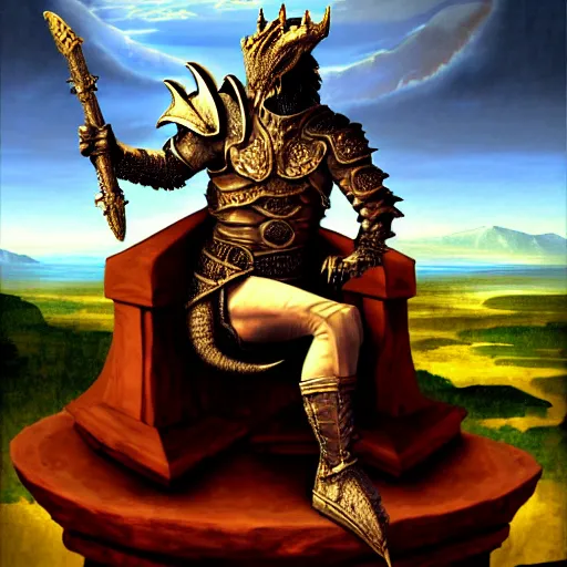 Prompt: a dragonborn as the king of a kingdom sitting on his throne, digital art, renaissance painting, fantasy art, ultra detailed, as coherent as Dall-E 2