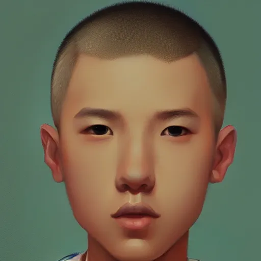 Image similar to chinese boy with buzzcut, oil painting, artgerm, portrait, highly detailed, artstation
