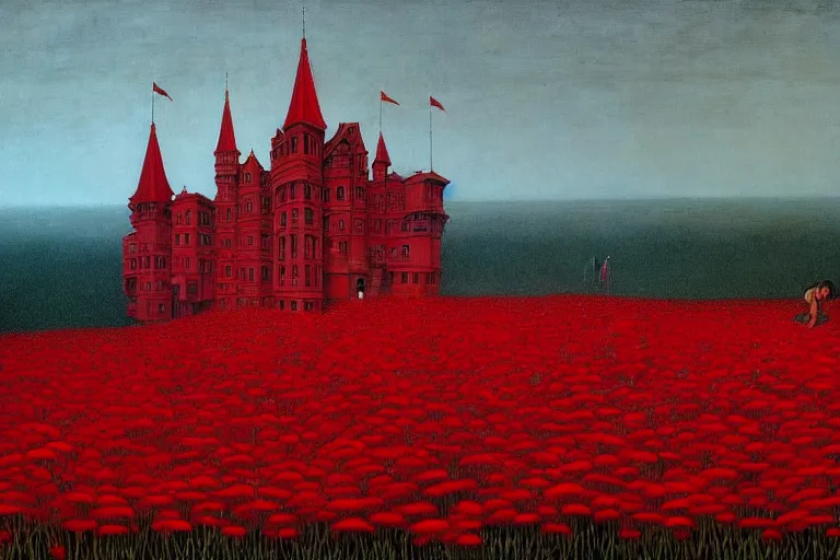 Image similar to only with red, red flowers of different types, red castle in background, red medieval goblins, in the style of beksinski, parts by edward hopper, parts by rodcenko, parts by yue minjun, intricate and epic composition, red by caravaggio, insanely quality, highly detailed, masterpiece, red light, artstation, 4 k