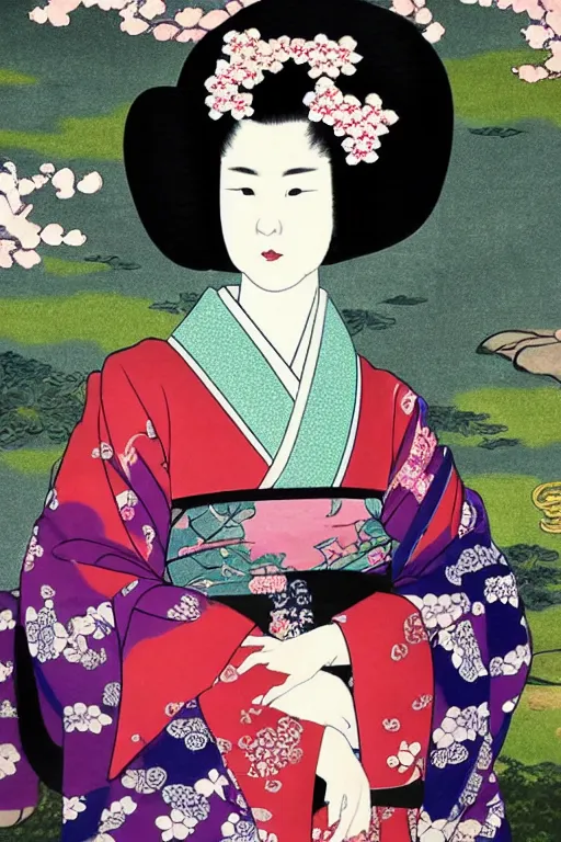 Prompt: a japanese queen portrait wearing a kimono in the art style of japan, with cherry blossom trees in the background, incredibly detailed and beautiful painting