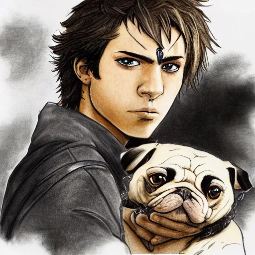 Image similar to self portrait, young white hispanic handsome man with short light brown hair and light skin and a 5 o clock shadow and holding a pug while fighting against 2 swordsmen pencil art, added detail, high definiton, colored, backfacing, illustrated by yoji shinkawa