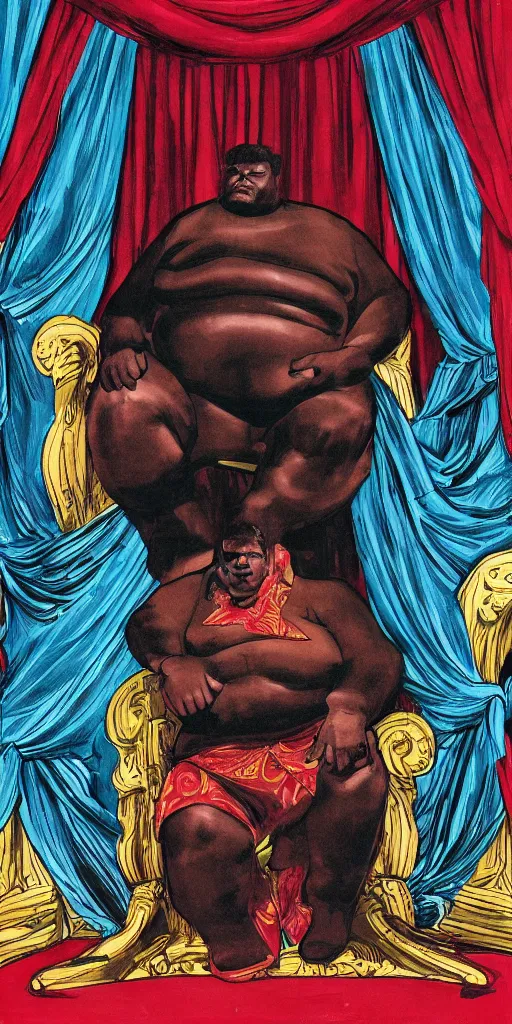 Image similar to style of frank miller, anatomically correct portrait of big black man sitting on throne, background made of big curtains